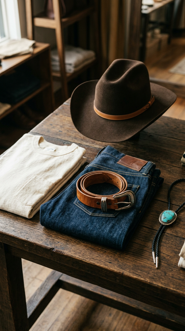 Western apparel and leather goods on a weathered ranch table